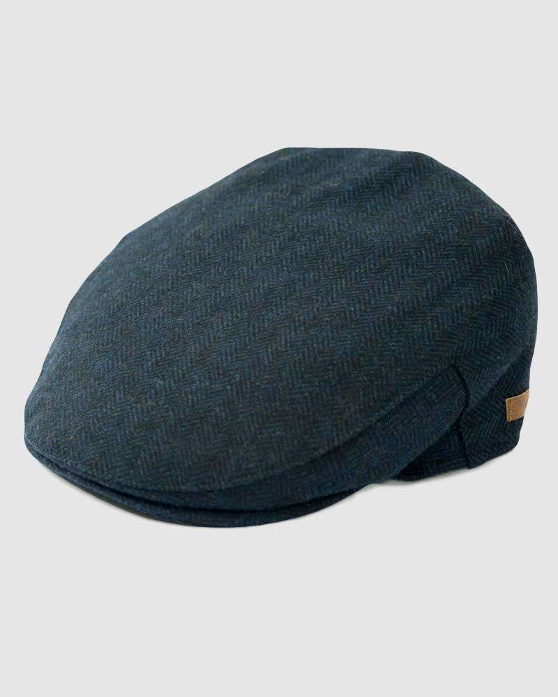 Herringbone Flat Cap Wool Tweed - Navy Blue